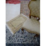 Classically upholstered bedroom chair and a quantity of quality rugs, some by Ffrith