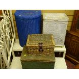 Three items of loom style storage baskets and a small woven picnic basket