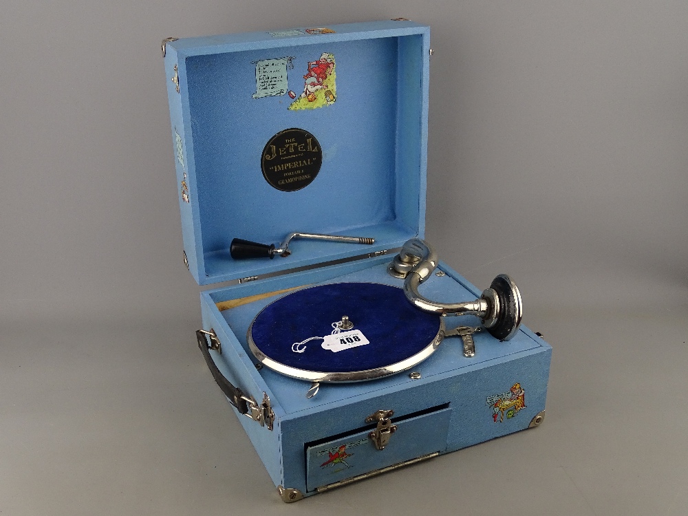 The Jetel Imperial portable gramophone, sky blue casing with nursery rhyme transfer decoration