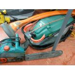 Qualcast hover mower, Flymo mini trim strimmer and a Bosch AKE 35S chainsaw E/T