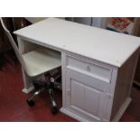 Wooden white painted single pedestal desk with drawer and base cupboard and a retro style wooden and