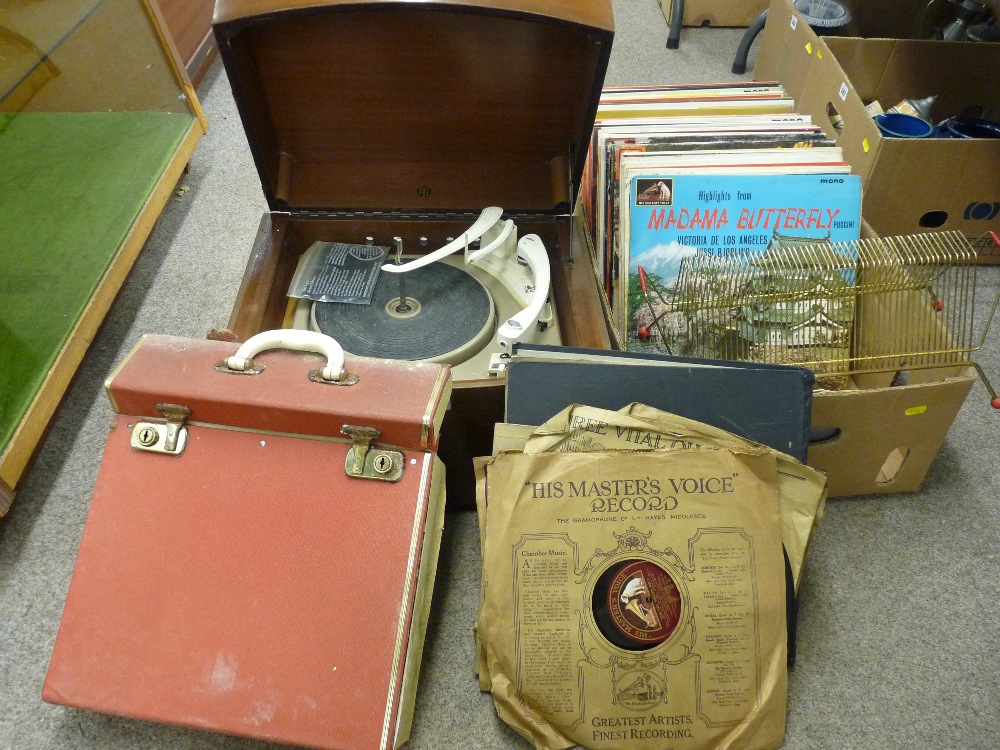 Vintage Pye black box record player with Garrard turntable and a selection of vintage LP and 45rpm