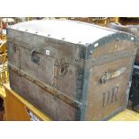 Wooden and metal banded dome topped trunk with initials 'D R'