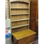 Vintage pine multi-shelf bookcase and a pine rectangular storage box