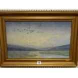 Oil on board, indistinctly signed - river scene with ducks in flight, 29 x 49 cms