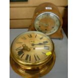 Sestrel brass ship's clock with key and a wooden dome mantel clock with presentation plaque