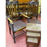 Two carved oak side chairs and an Oriental carved wood nest of three tables