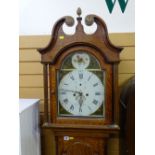 Circa 1840 longcase clock, oak case with arched top, painted dial by North Leckonfield, twin