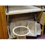 Pine kitchen work table, ornate stripped wood hanging corner shelves, small glass topped bamboo