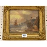 Unsigned antique oil on canvas - beached boat and a yacht at sea, 15 x 19 cms, in a good gilt frame