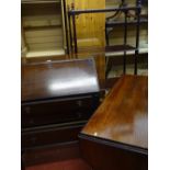 Polished wood three drawer writing bureau, a four shelf large whatnot and a drop end dark wood