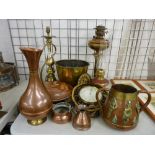 Parcel of brass and copper including two oil lamps, bedwarmer and similar items