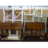 Two mahogany drop leaf tables, five painted chairs, painted swing toilet mirror and two framed