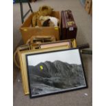 Box of vintage soft toys, two vintage tennis racquets and a parcel of prints and paintings etc