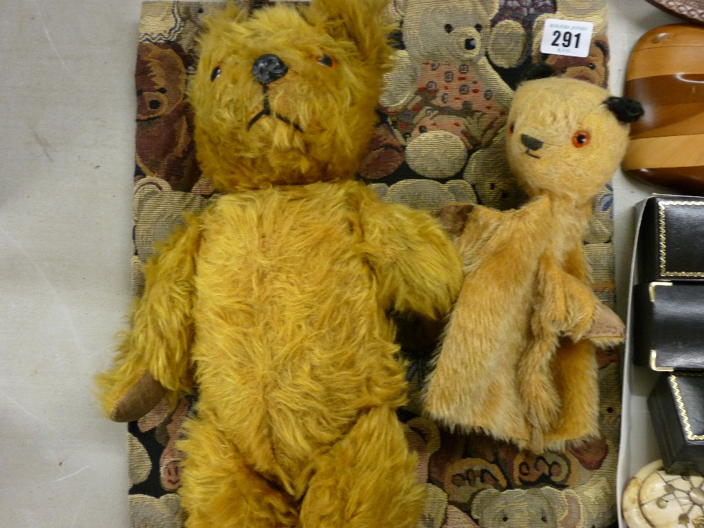 Vintage teddy bear and a vintage Sooty hand puppet etc