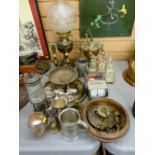 Collection of silver plate to include miner's lamp, a pair of brass candlesticks and a vintage oil