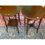 Two polished wood side/occasional tables, one hexagonal topped with square lower shelf, the other