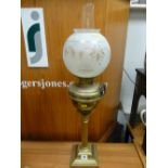 Brass column oil lamp with etched glass circular shade