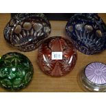 Two art glass baskets and two similar art glass bowls etc