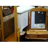 Pine cheval mirror, pine two drawer dressing table mirror and a white finished loom style ottoman