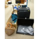 Vintage wicker basket, two brand new camouflage anoraks, collection of Georg Jensen gift bags,