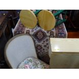 Modern light wood drop leaf kitchen table, two painted stools and a multi-coloured carpet runner