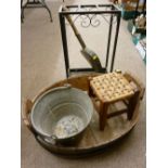 Vintage barrel/trough, small galvanized bucket, wrought iron stick stand, small string topped