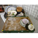Two good boxes of cut and other glassware, pottery, Schucco clockwork car etc
