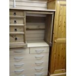 Pine single door hall robe, Mexican pine style four drawer desk and a modern two over four drawer