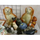 Pair of Staffs dogs and a collection of porcelain cats and similar