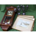 Pair of white metal candelabra, modern Vienna type wall clock, trio of watercolours by J LAMONT etc