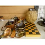 Two vintage coffee grinders, copper pan, leather cased field binoculars etc