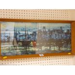 H P THOMSEN watercolour - harbour scene with buildings to the background, 23 x 56 cms