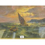D J M oil on canvas - rowing boat and yacht in rough seas, 30 x 50 cms