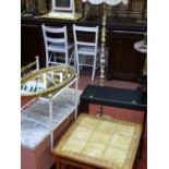 Faux brass and onyx standard lamp and shade, tiled top coffee table, metal and glass side table,