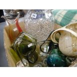 Collection of various coloured studio glass items together with a large heavy cut glass vase,