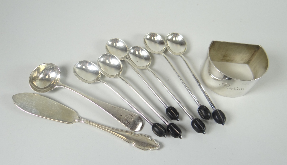 Set of six silver coffee bean spoons, Sheffield 1915, Stuart Dawson, silver butter knife and