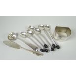 Set of six silver coffee bean spoons, Sheffield 1915, Stuart Dawson, silver butter knife and