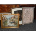 A framed pen and ink botanic drawing signed R J KAY, framed oil entitled 'The Old Creek' by ALVA