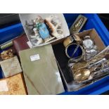 A tray of mixed small collectables including flatware, jewellery ETC