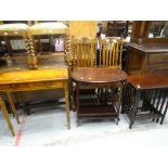 A reproduction yew wood small console table, mahogany nest of four tables and another table