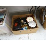 Box of vintage items including regimental drum ice bucket, vintage first aid box ETC