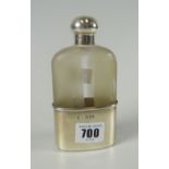 A frosted glass hip flask with silver screw top and silver monogrammed base, marks for London 1896