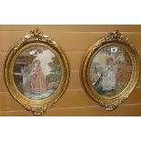 A pair of good nineteenth century oval needlework panels of a young girl feeding her rabbit and a