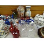 A parcel of mixed glassware, pottery and china including Art Deco-style figurines, a pair of ruby