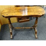 Late Victorian inlaid walnut shaped side table raised on turned legs with single turned stretcher,