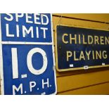 A vintage sign Children Playing and another Speed Limit 10 miles per hour