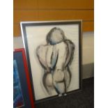 A blue & black ink wash drawing - the rear profile of a naked female, signed H BREINSKYON, 69 x