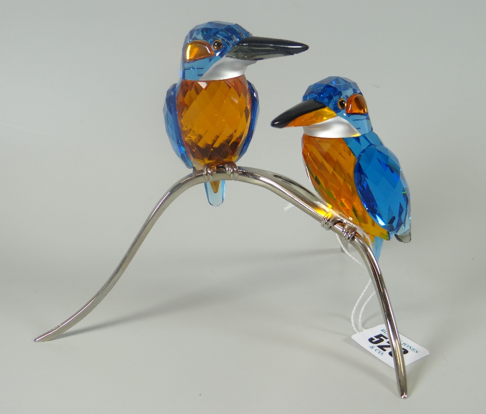 Swarovski crystal glass 'Paradise Bird' pair of blue kingfishers on naturalistic branch-type base