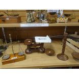 A set of turned wood balance scales, set of scales with ceramic dish and a set of balance scales